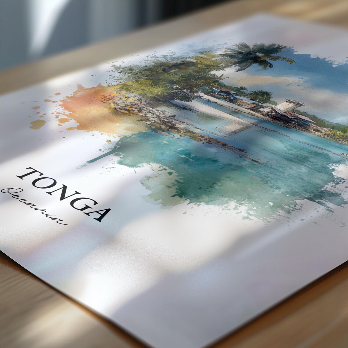 Tonga Oceania Turquoise Bay Village Watercolor Island Art Poster - Image 7