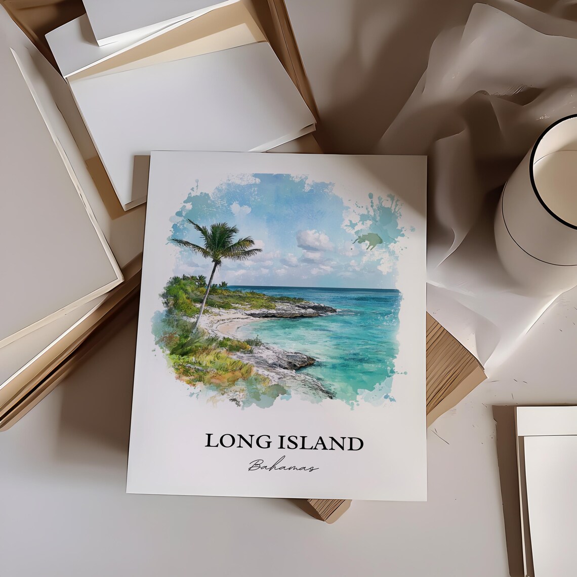 Long Island Bahamas Watercolor Beach Cove Turquoise Shore Poster - Image 3