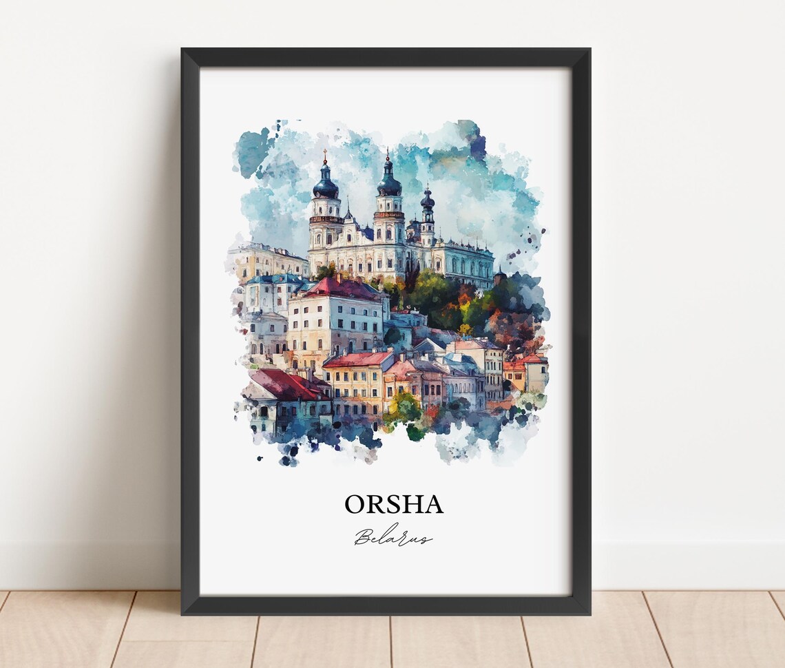 Orsha Belarus Hilltop Church Towers Old Town Watercolor Travel Poster - Image 2