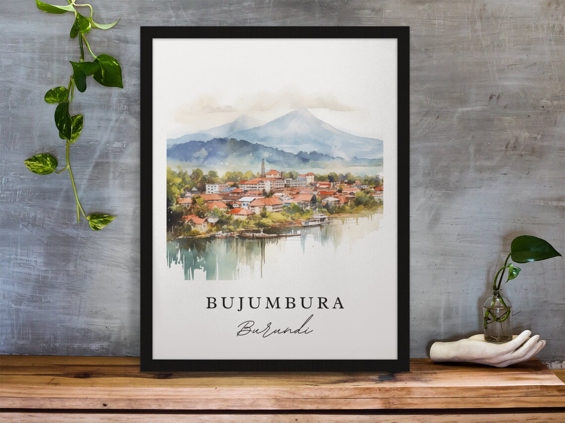 Bujumbura Burundi Watercolor Lakeside City Mountain Art Print - Image 2