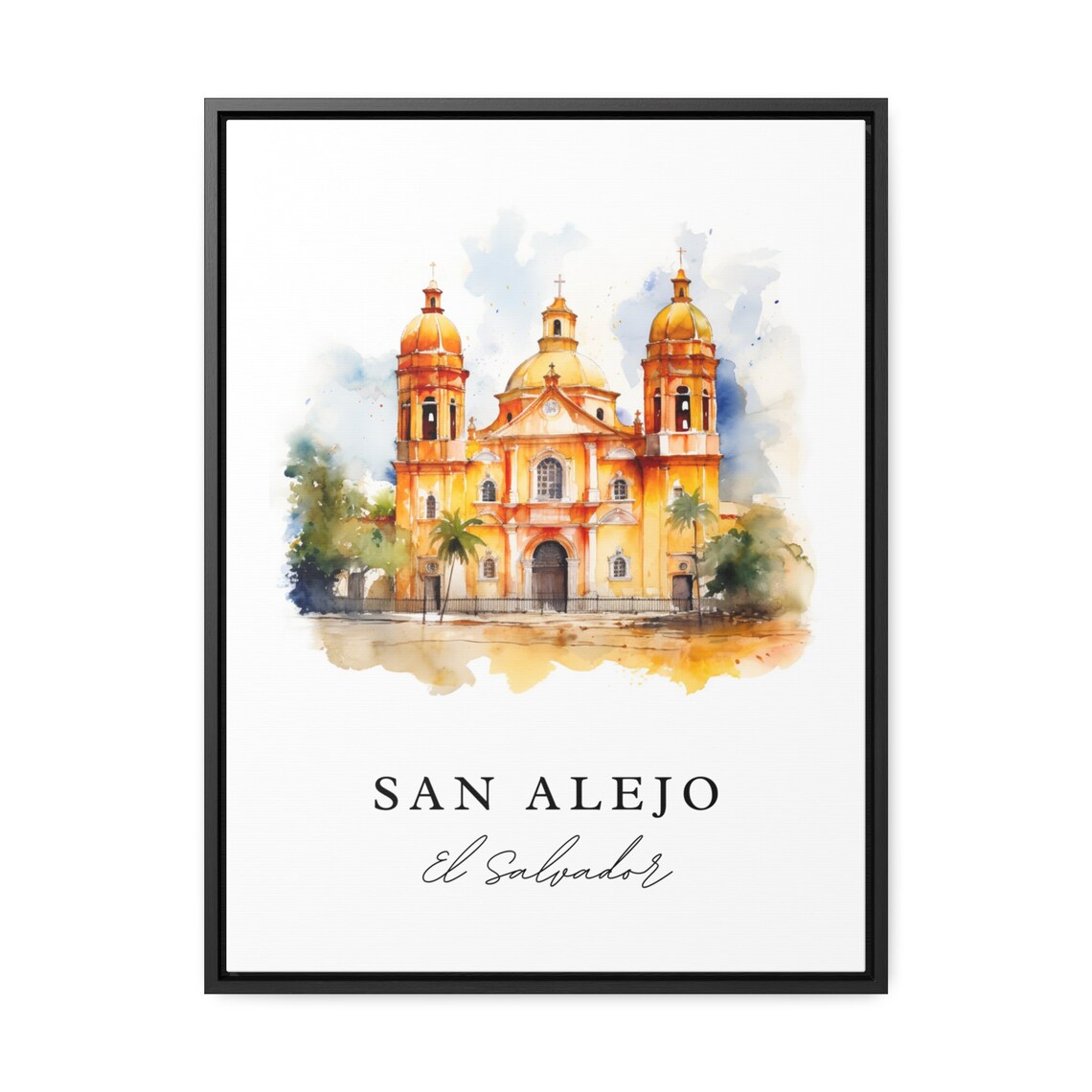 San Alejo El Salvador Golden Church Watercolor Travel Poster - Image 3