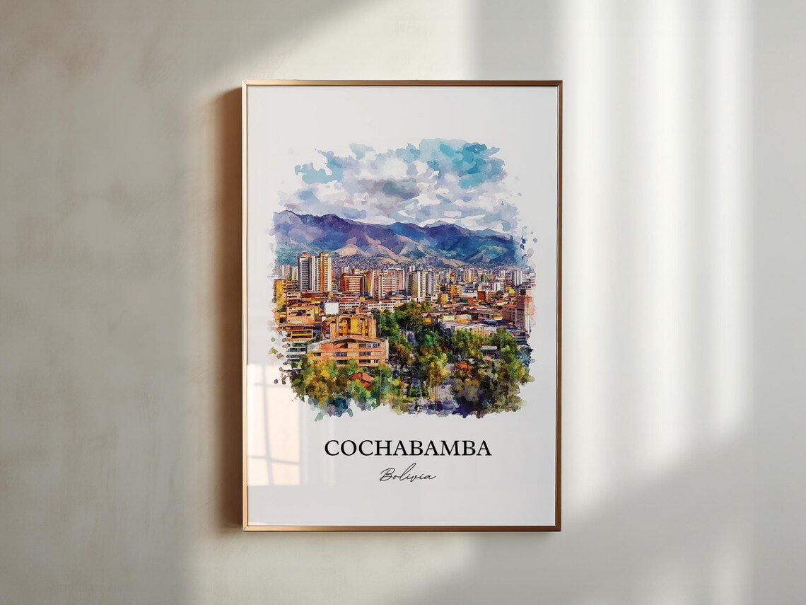 Cochabamba Bolivia Watercolor City Skyline Mountains Travel Poster - Image 4