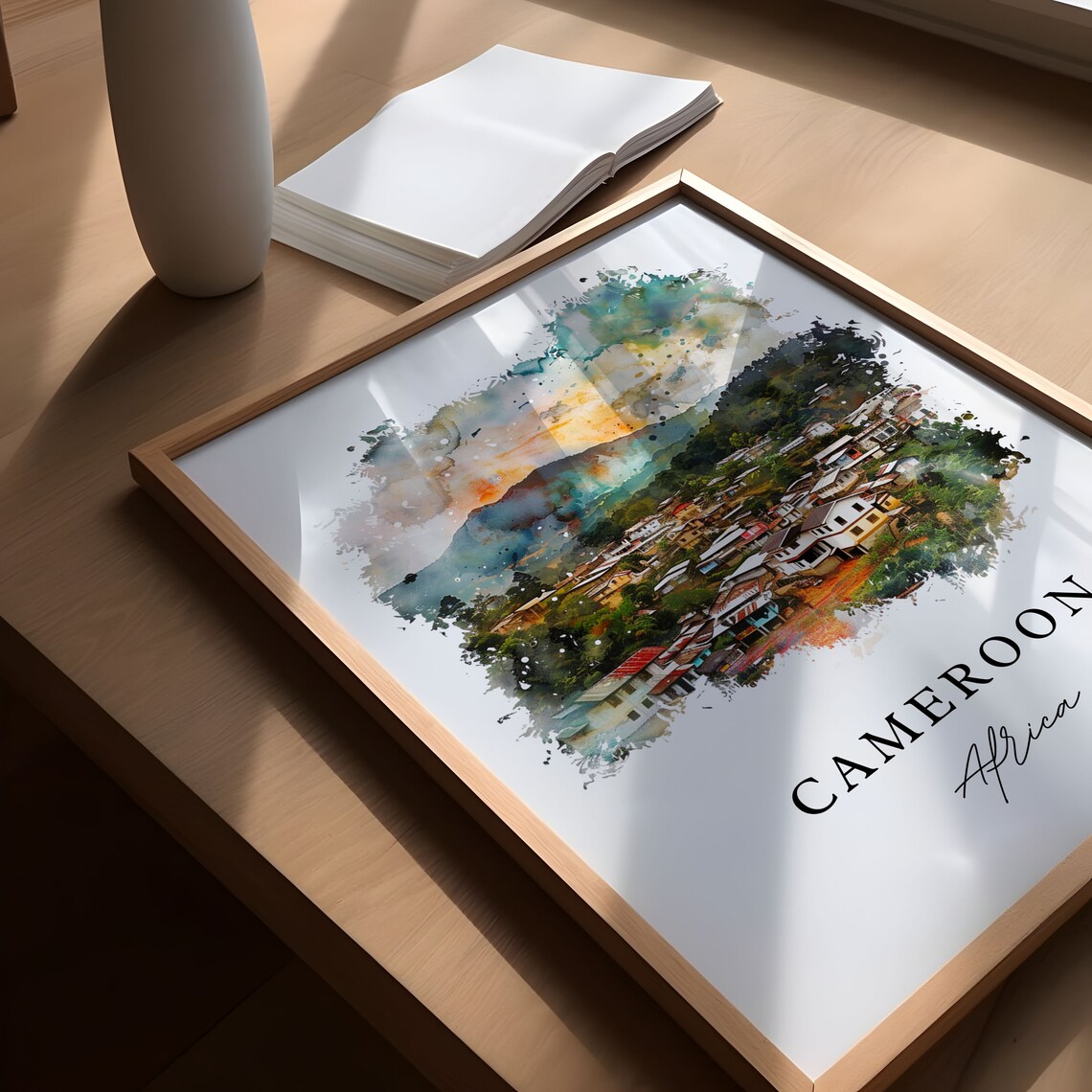 Cameroon Africa Watercolor Hillside Village Mountain Art Print - Image 6