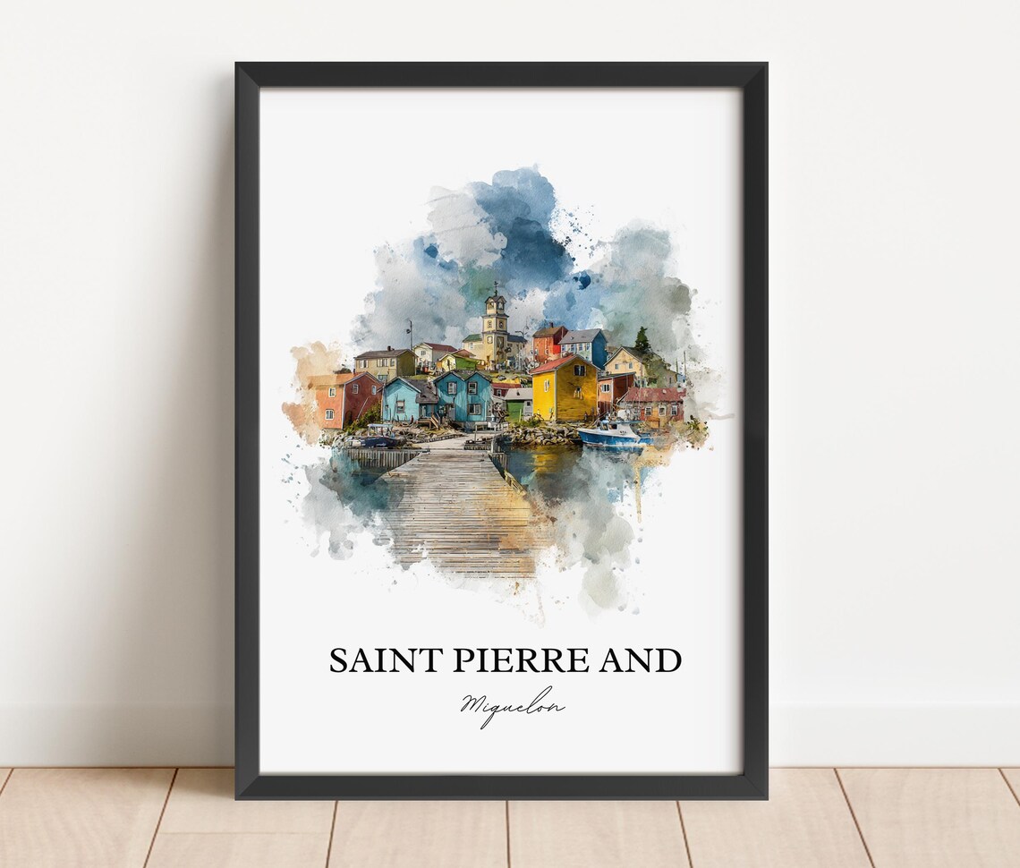 Saint Pierre and Miquelon Watercolor Fishing Village Harbor Poster - Image 2