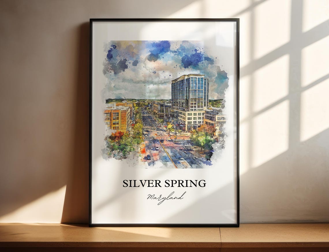 Silver Spring Maryland Downtown Skyline Tower Watercolor Travel Poster