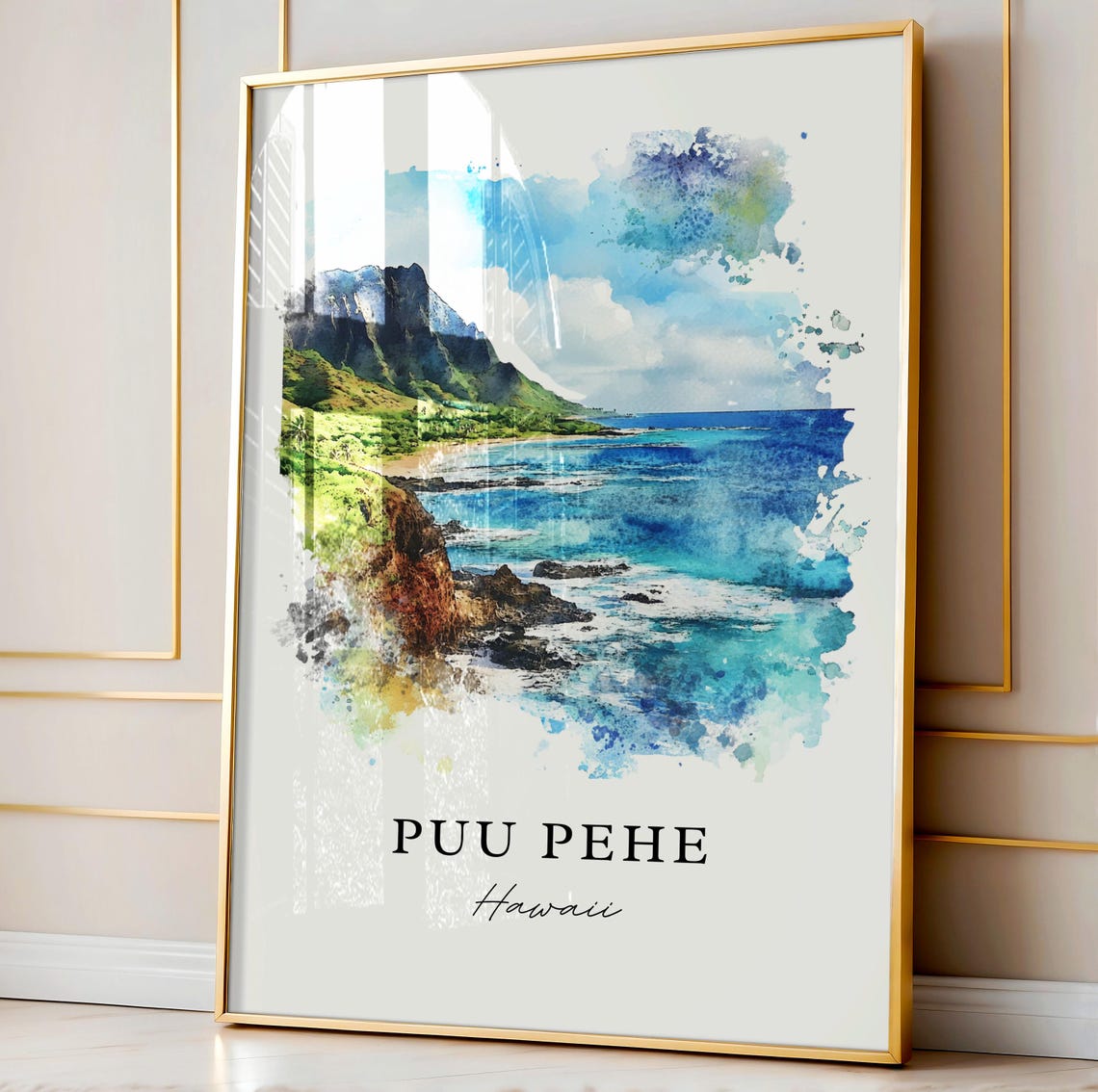 Puu Pehe Hawaii Watercolor Sea Cliffs Ocean Scene Art Poster - Image 4