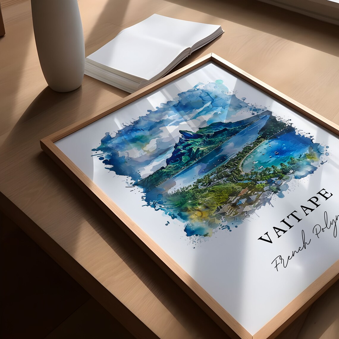 Vaitape French Polynesia Lagoon Mountain Bay Watercolor Art Poster - Image 5