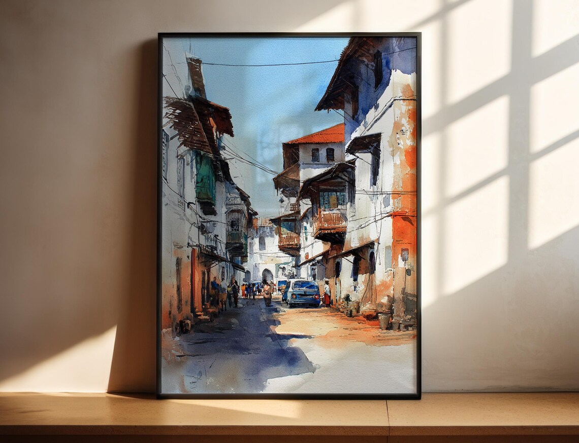 Old Town Street Watercolor Historic Stone Alleyway Travel Art Poster