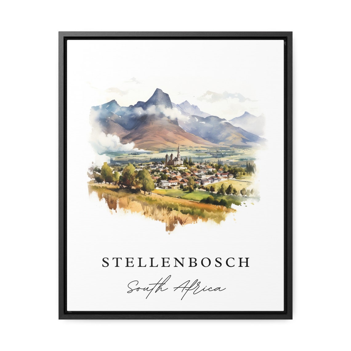 Stellenbosch South Africa Mountain Town Watercolor Travel Poster