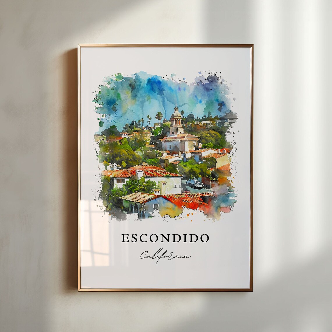 Escondido California Watercolor Mission Revival Hillside Town Poster