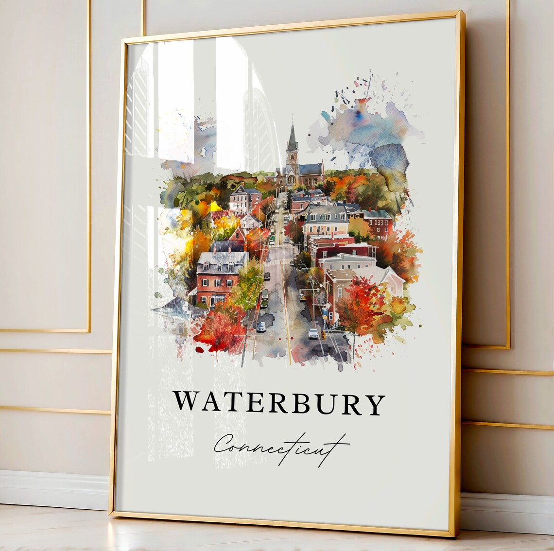 Waterbury Connecticut Watercolor Town Church Autumn Trees Poster - Image 3