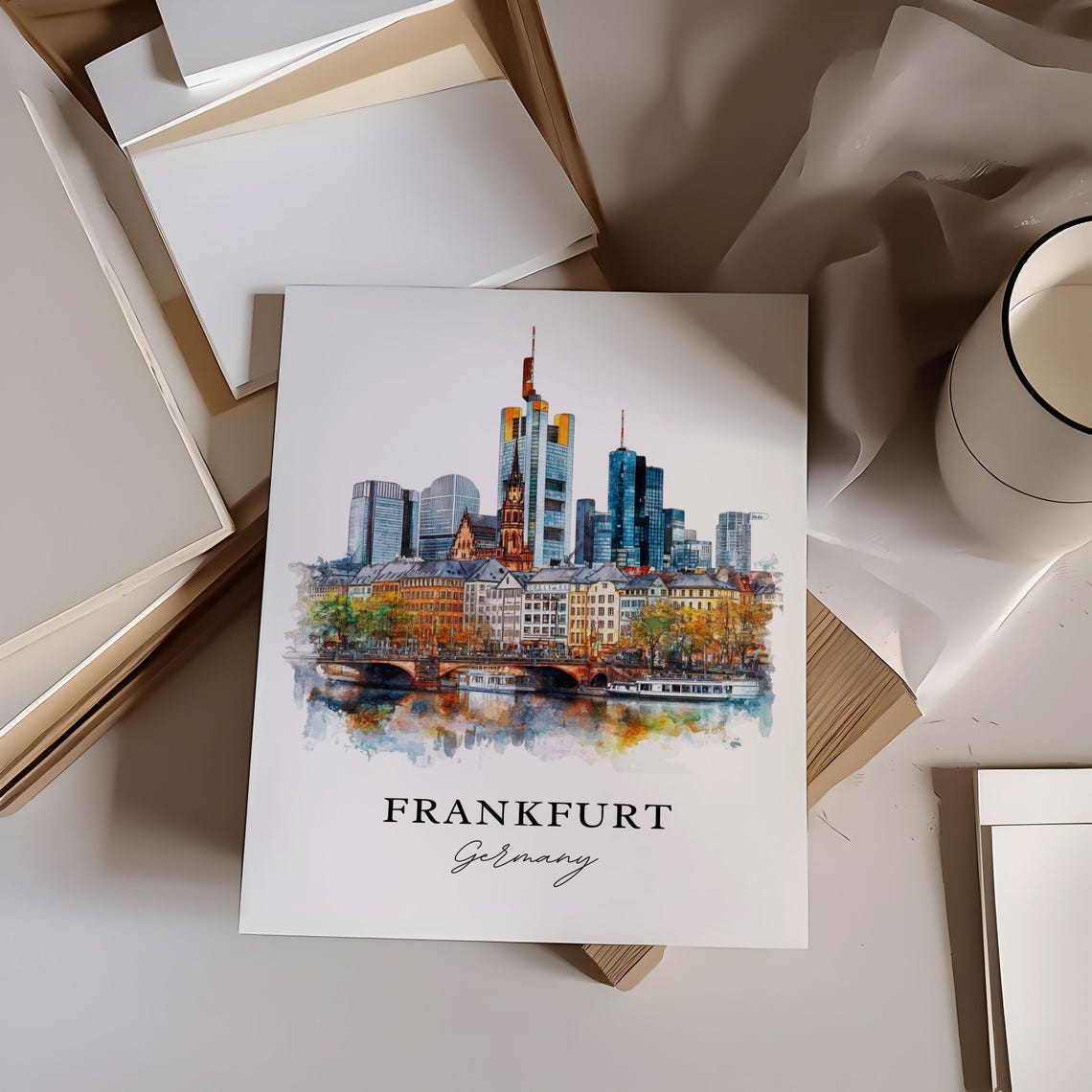 Frankfurt Germany Watercolor Modern Skyline River Scene Poster - Image 6