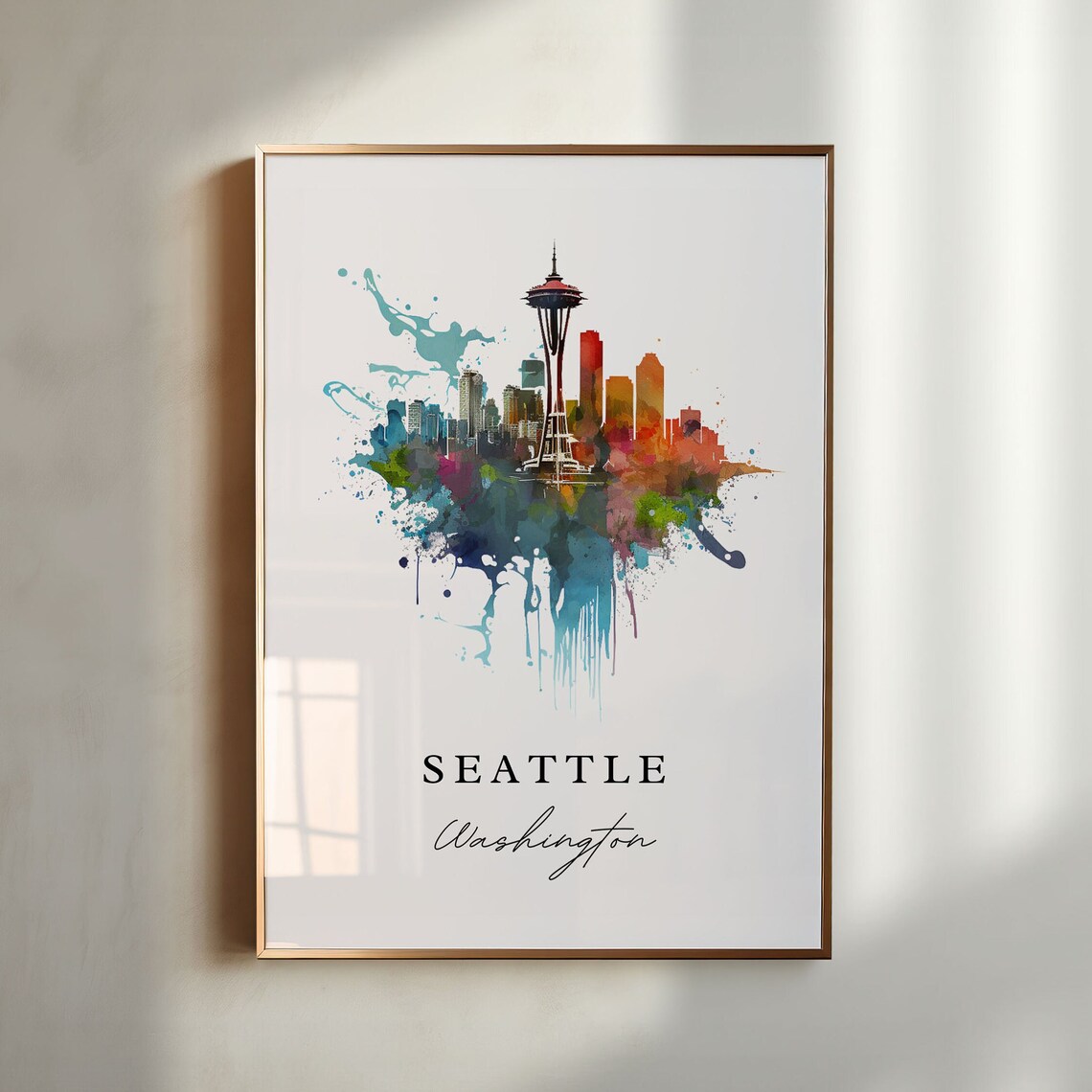 Seattle Washington Skyline Travel Poster, Custom Text
