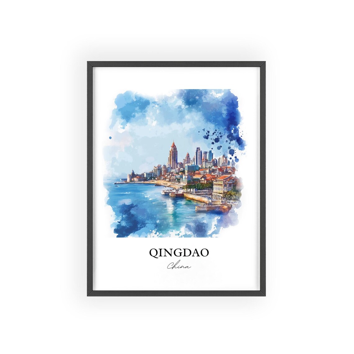Qingdao China Watercolor Harbor Skyline Blue Sea View Poster - Image 2