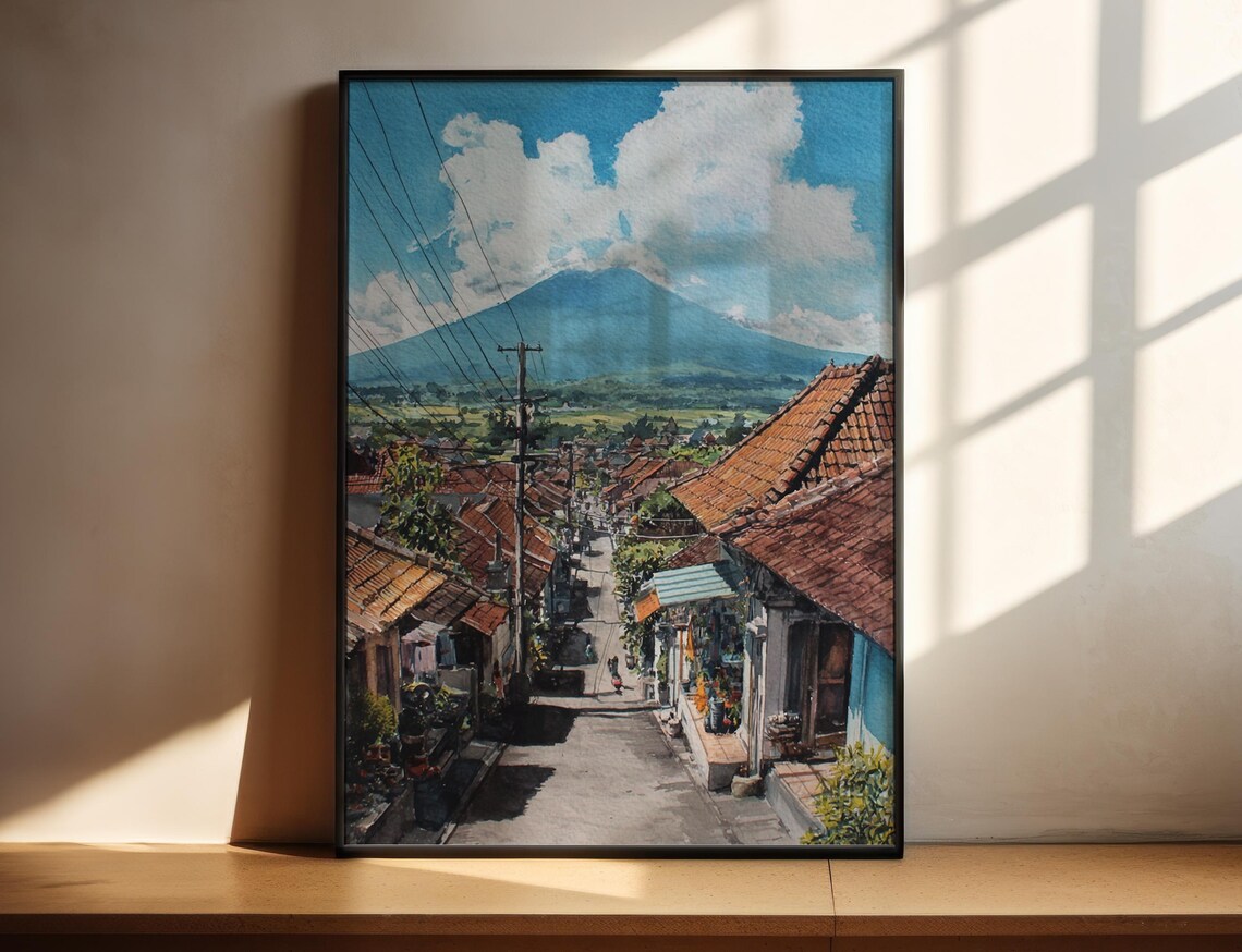 Bali Island Volcano Village Street Scenic Watercolor Travel Poster