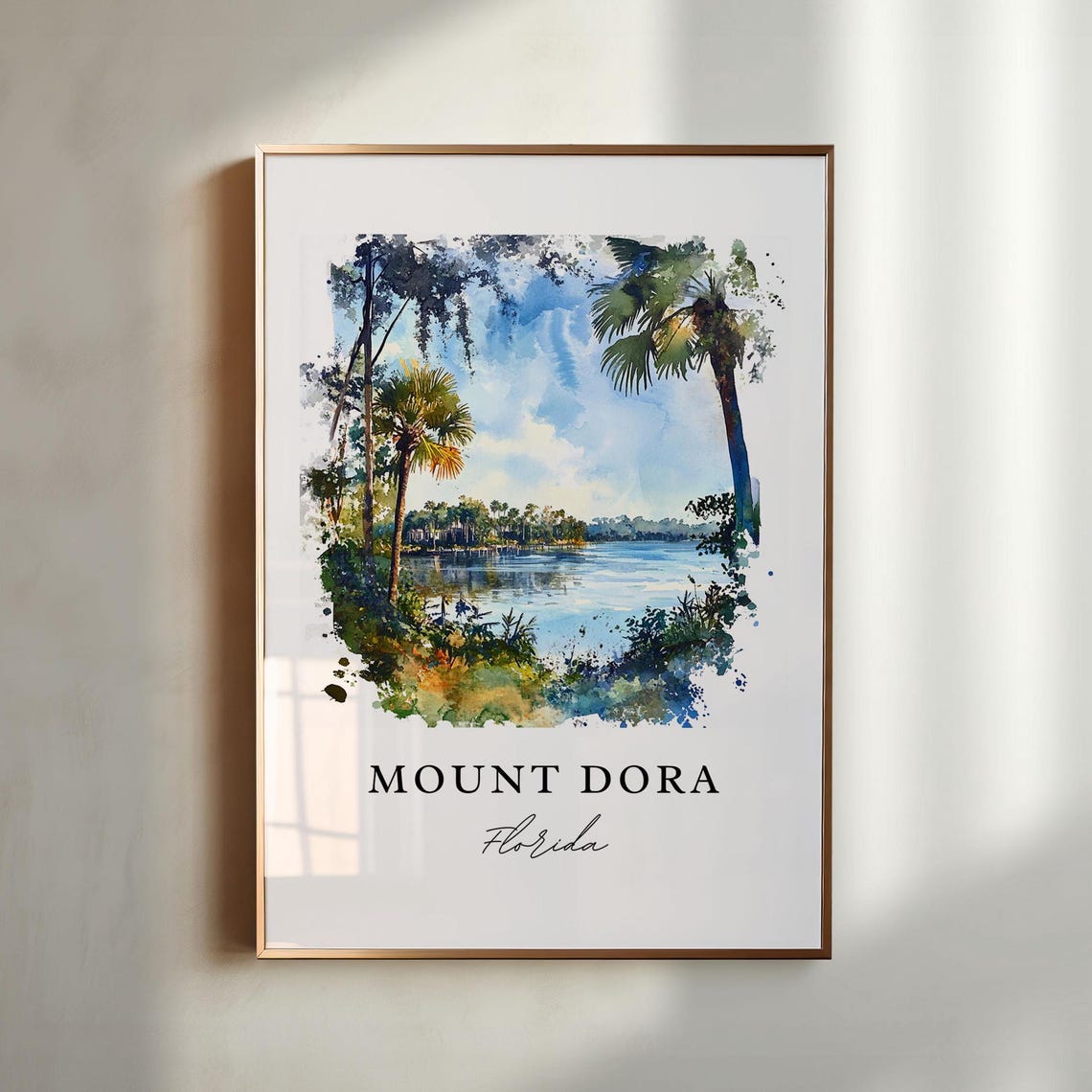 Mount Dora Florida Watercolor Lake Palm Trees Shore Scene Print