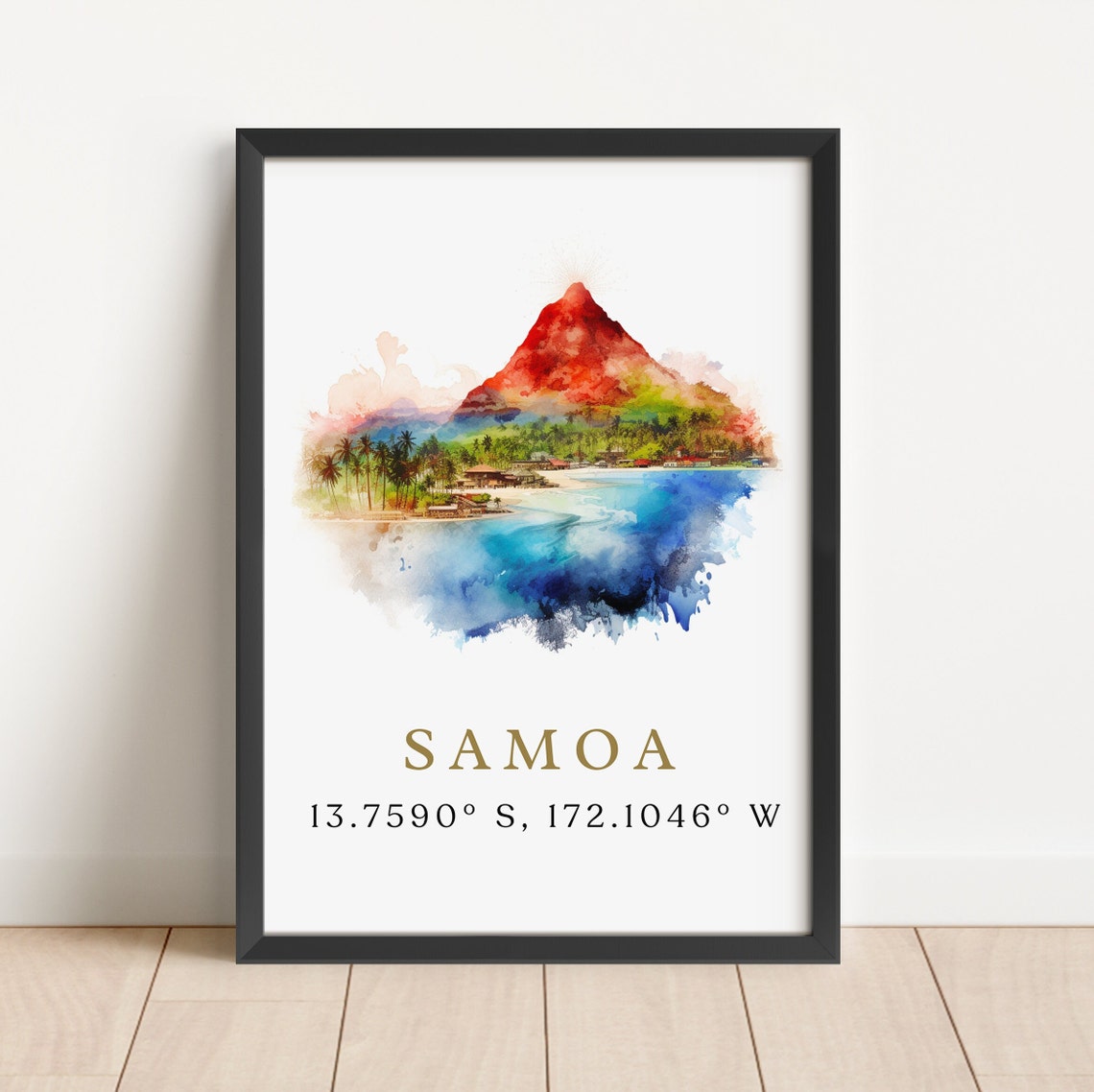 Samoa Island Volcano Coast Coordinates Minimalist Watercolor Print - Image 3