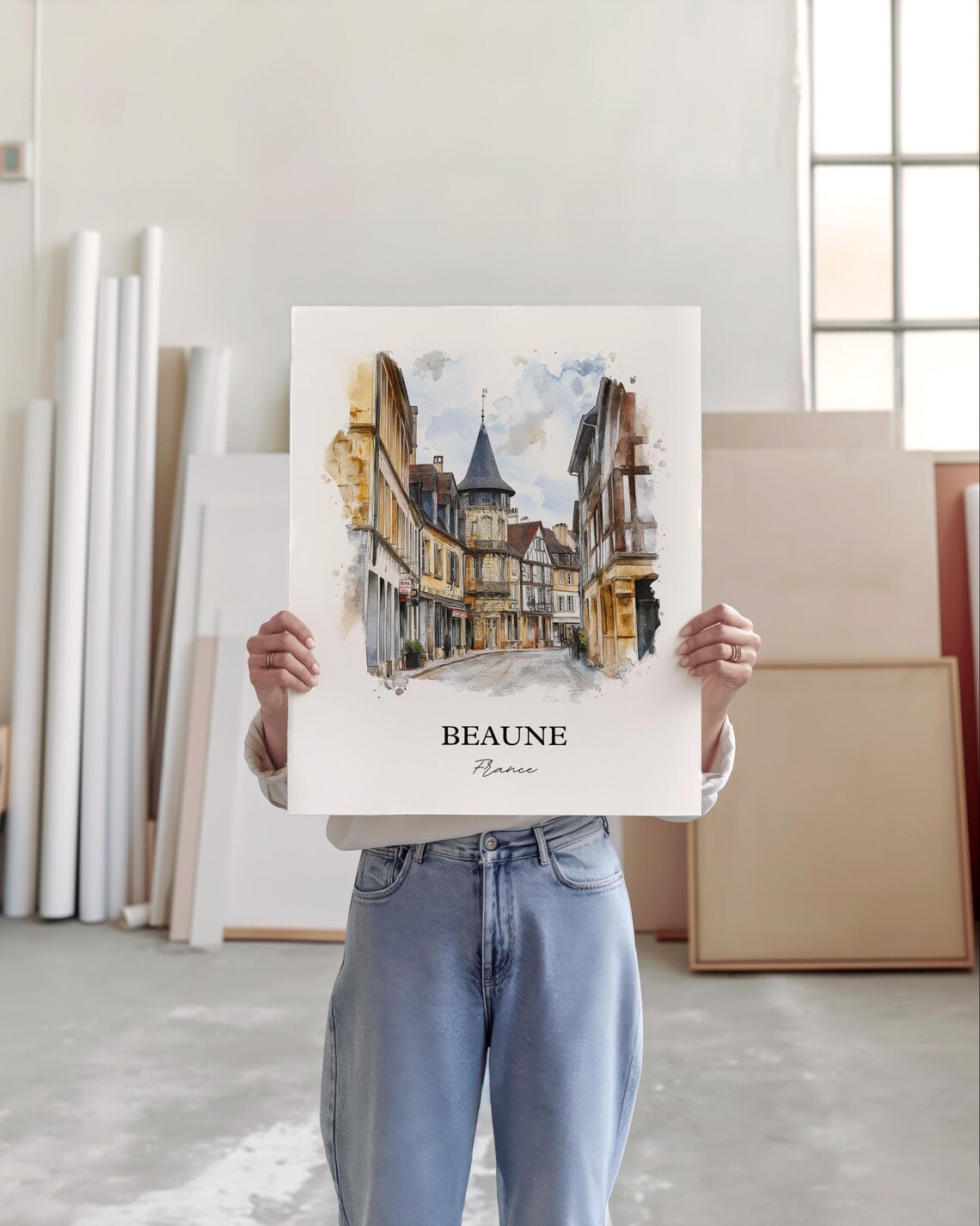 Beaune France Medieval Timber Street Watercolor Travel Poster - Image 5