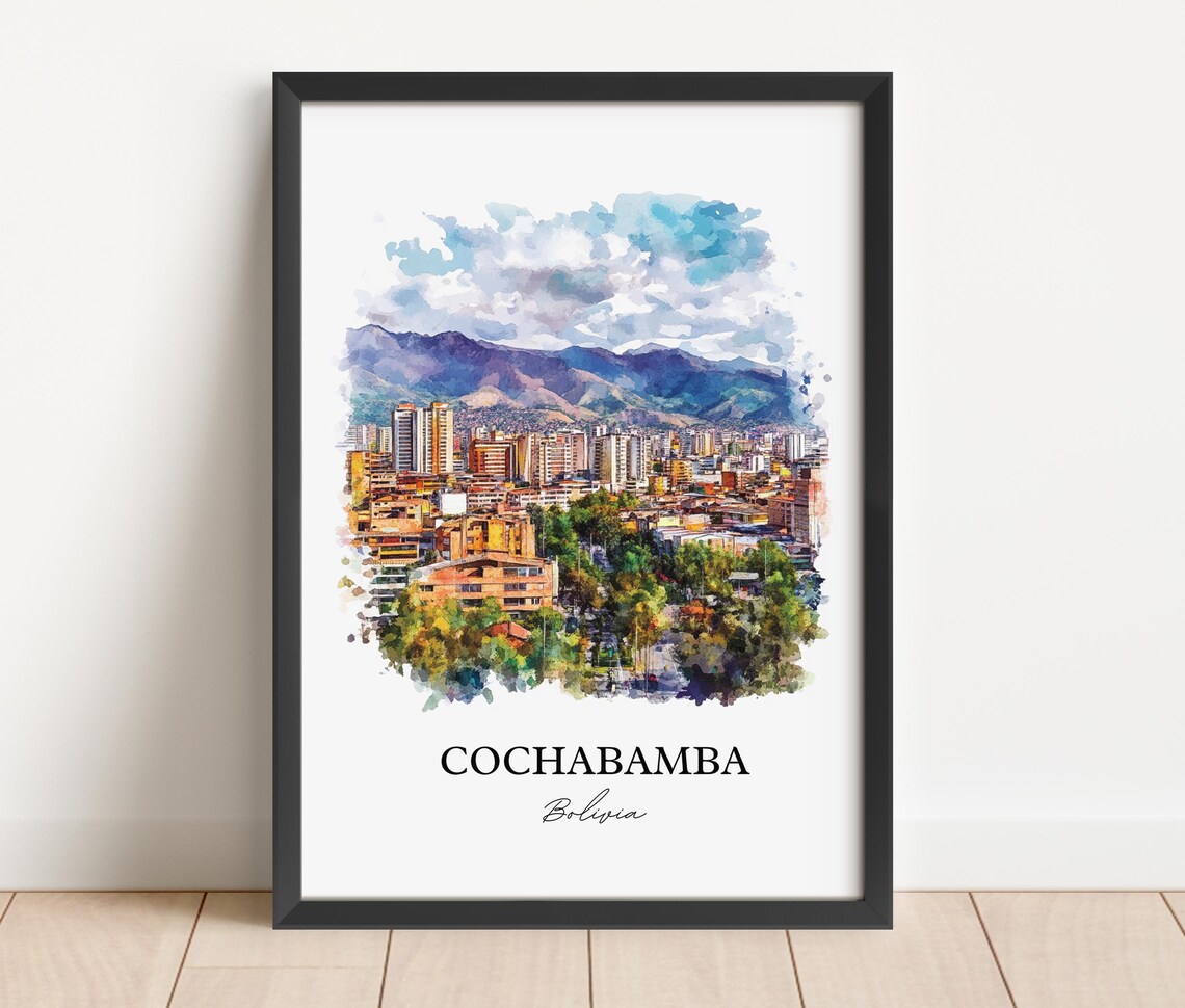 Cochabamba Bolivia Watercolor City Skyline Mountains Travel Poster - Image 5