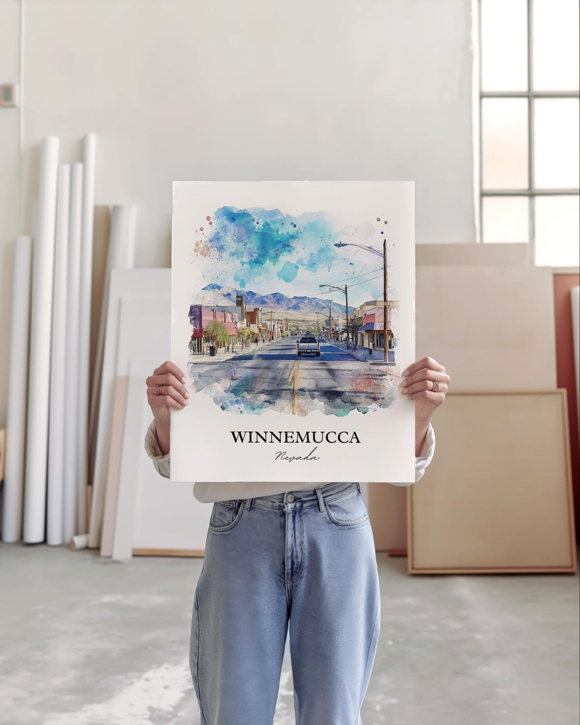 Winnemucca Nevada Main Street Mountain Watercolor Travel Poster - Image 4
