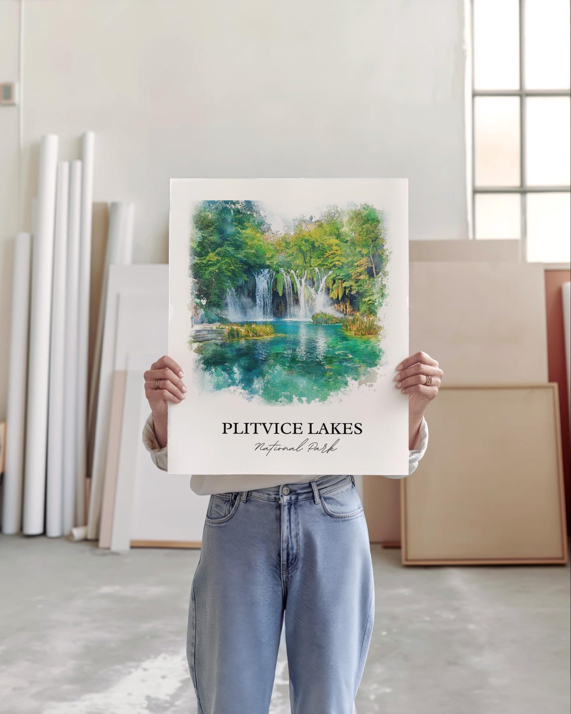 Plitvice Lakes Croatia Waterfall Lake Watercolor Travel Poster - Image 2