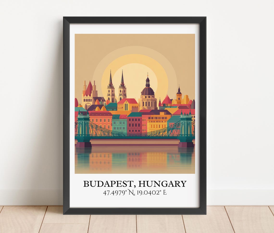 Budapest Hungary Warm Sunset Skyline Flat Illustration Poster - Image 4