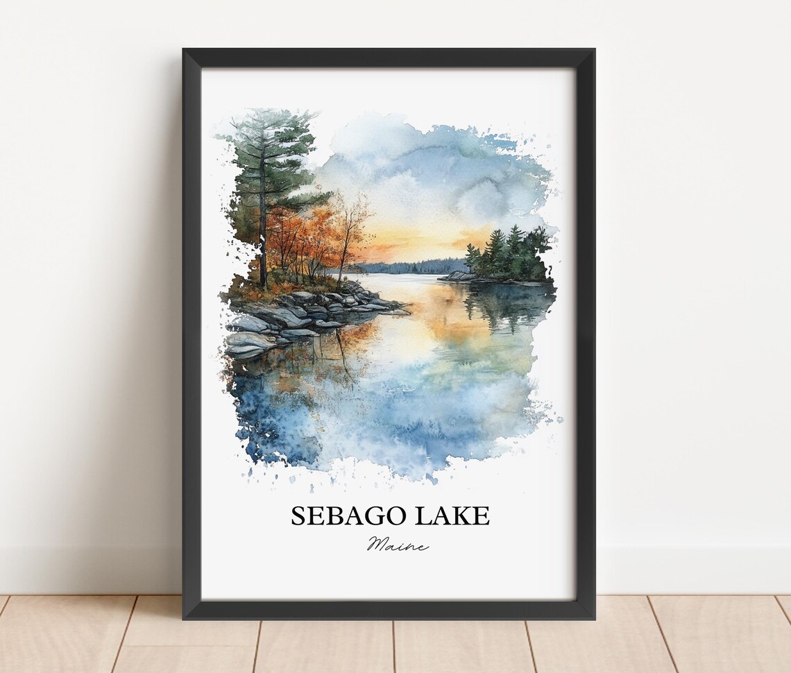 Sebago Lake Maine Autumn Sunset Reflection Watercolor Lake Poster - Image 2