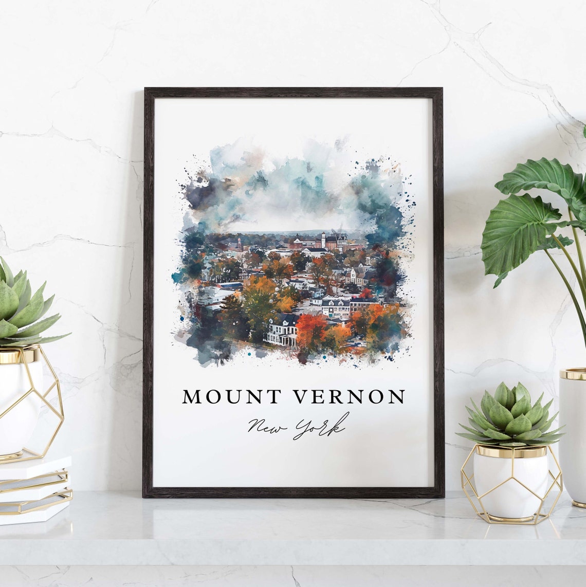 Mount Vernon New York Watercolor Aerial Town Autumn Trees Poster - Image 3