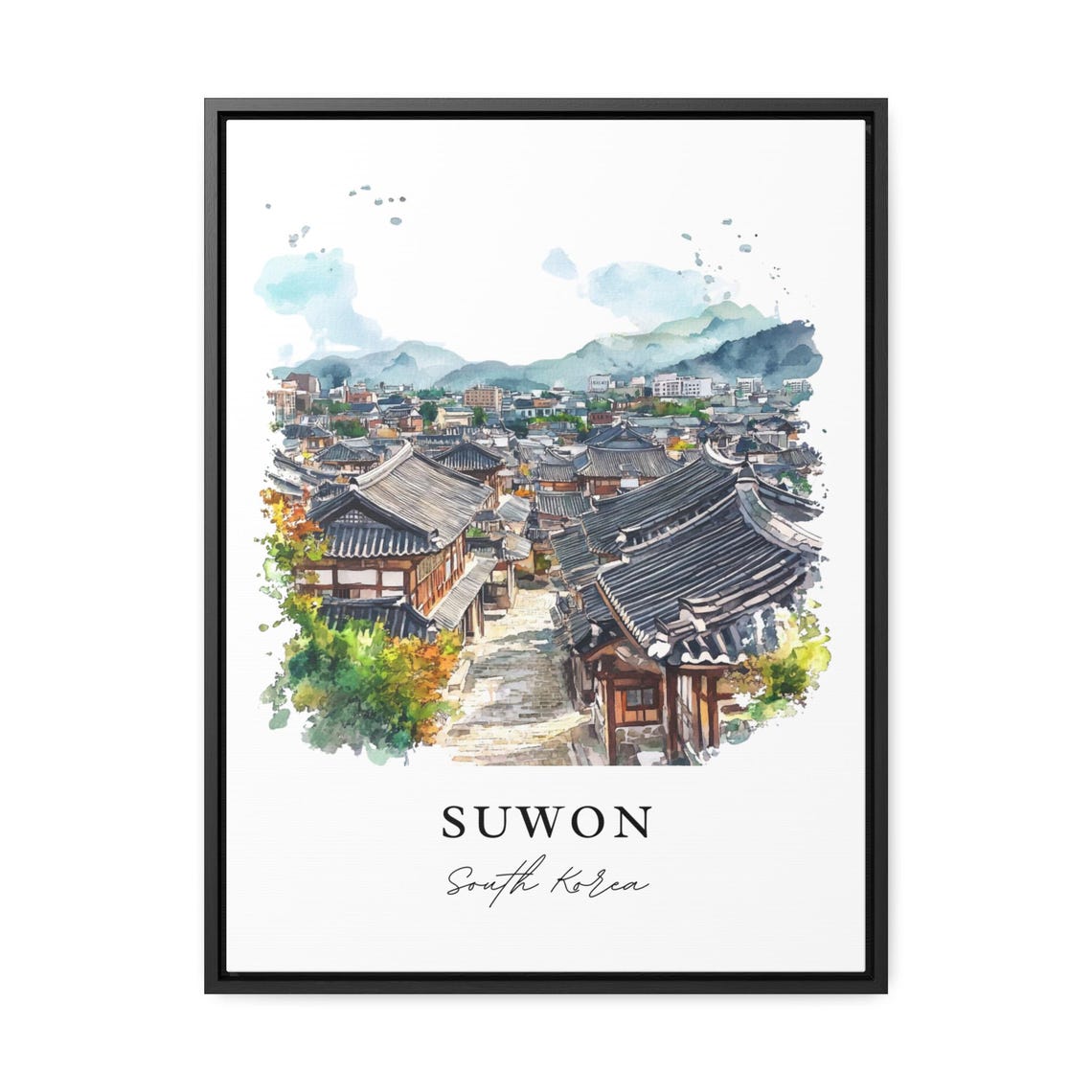 Suwon South Korea Hanok Rooftops Alley Watercolor Travel Poster - Image 3