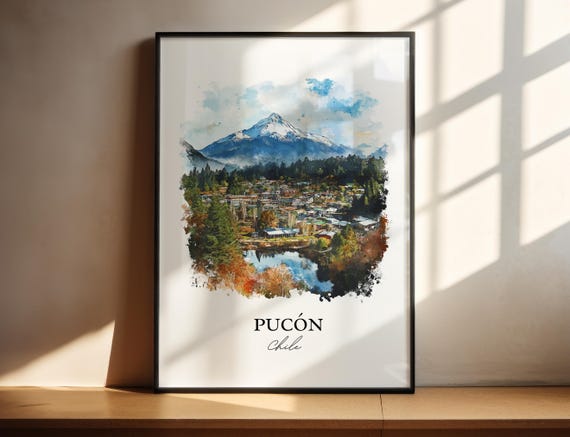 Pucn Chile Wall Art Print Lake Villarrica Watercolor Gift Travel Poster Housewarming