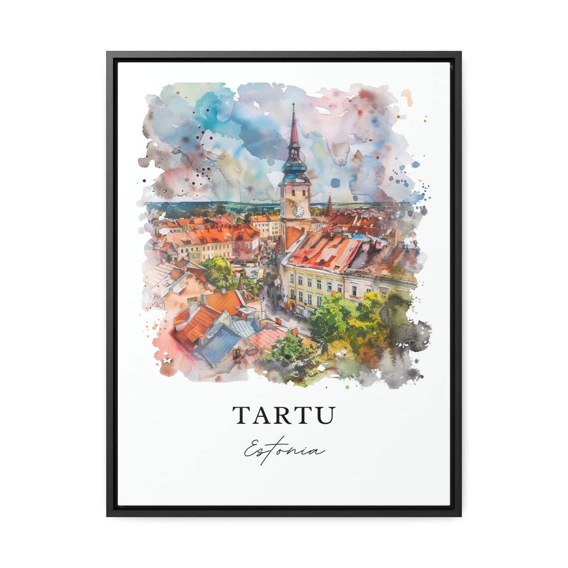 Tartu Estonia Old Town Hall Tower Watercolor Panorama Travel Poster - Image 2