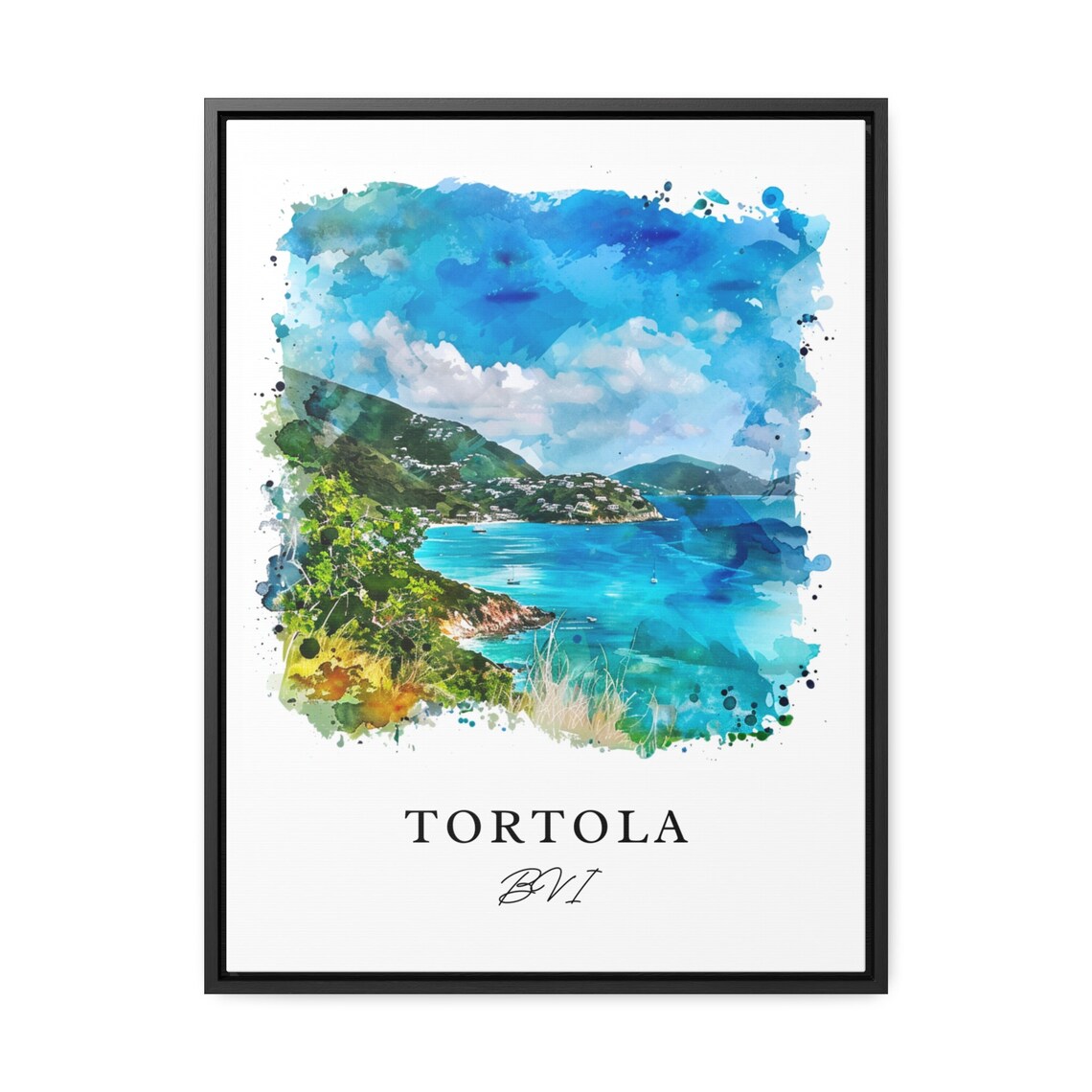 Tortola BVI Watercolor Turquoise Bay Caribbean Coast Scene Poster - Image 3