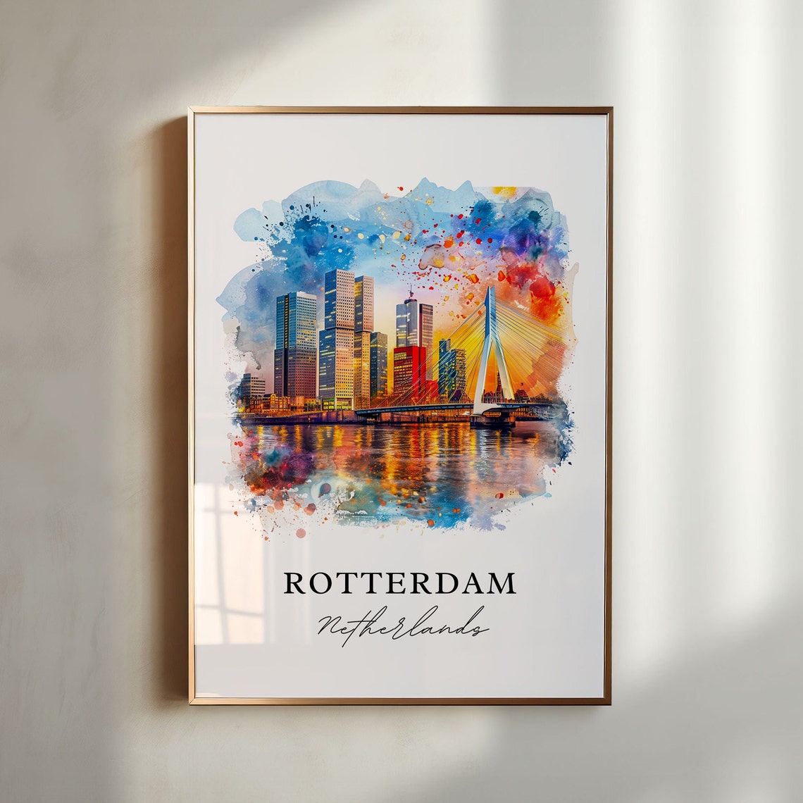 Rotterdam Netherlands Erasmus Bridge Skyline Watercolor Poster