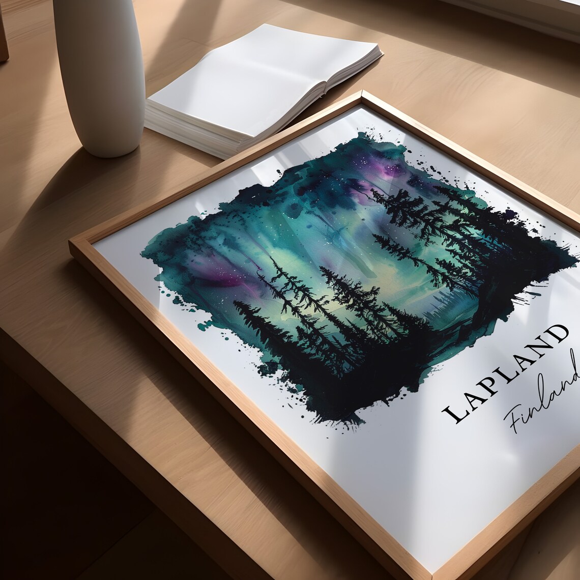 Lapland Finland Northern Lights Forest Watercolor Travel Poster - Image 5