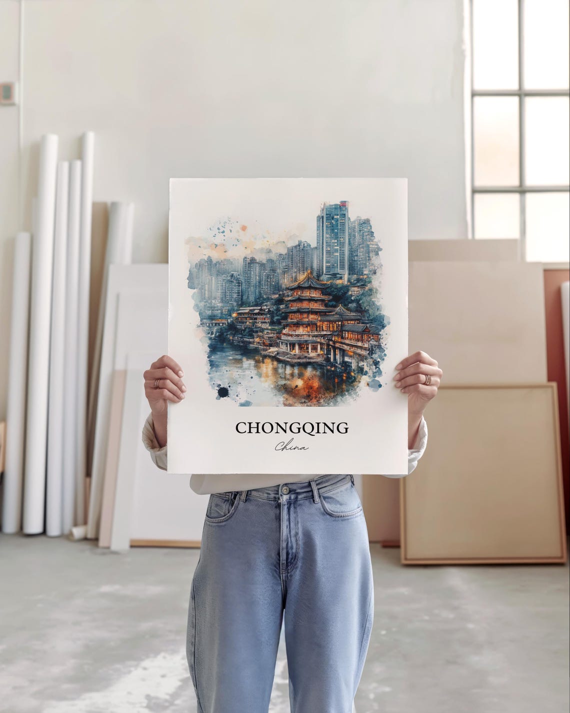 Chongqing China Watercolor Riverside Temple City Skyline Poster - Image 5