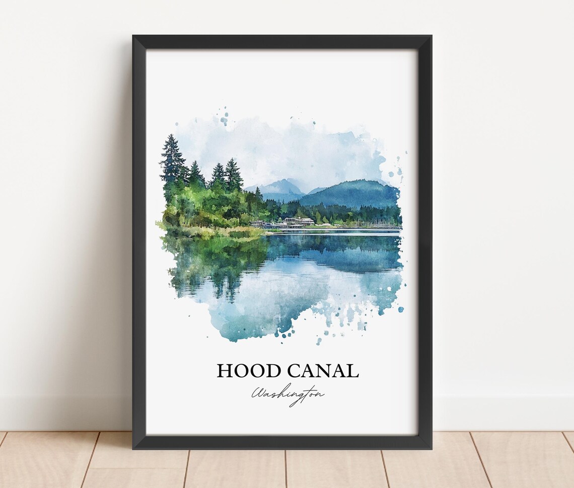 Hood Canal Washington Watercolor Calm Water Pine Scene Poster - Image 4