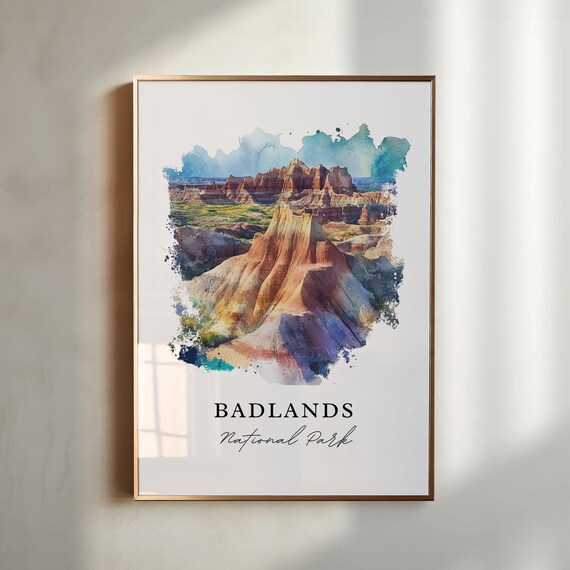 Badlands National Park Striped Buttes Watercolor Desert Scene Poster