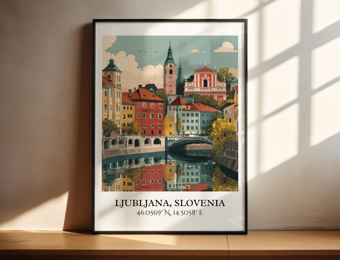 Ljubljana Slovenia River Bridges Old Town Retro Travel Poster
