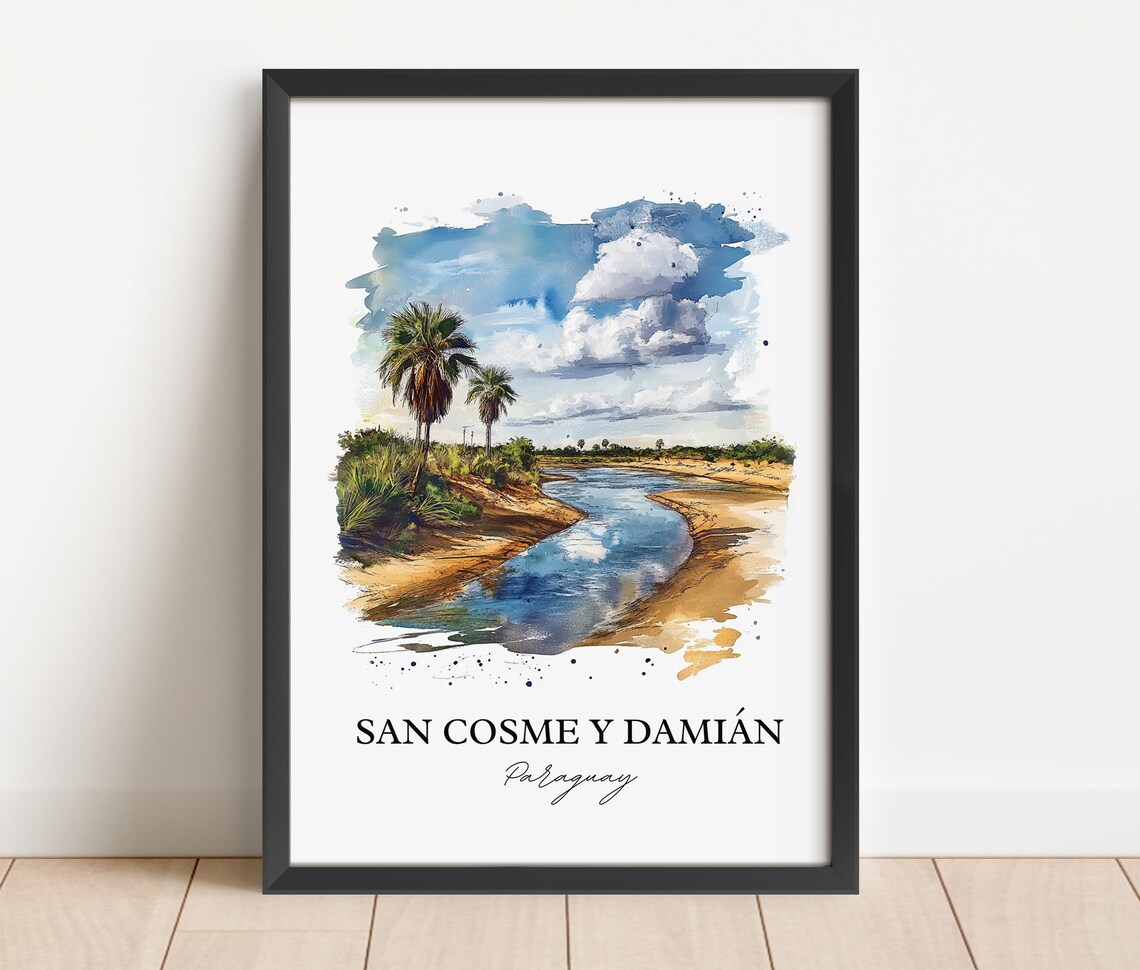 San Cosme y Damián Paraguay Watercolor River Palms Scene Poster - Image 3