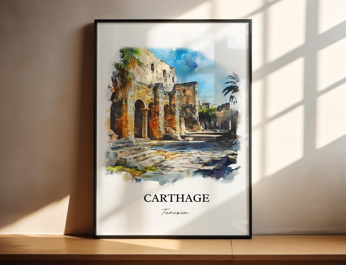 Carthage Tunisia Ancient Stone Ruins Watercolor Travel Poster