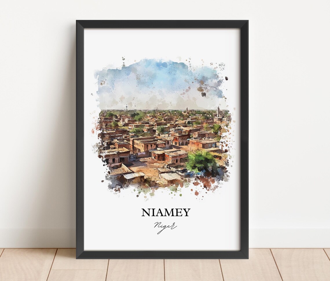 Niamey Niger Aerial Old Town Watercolor Cityscape Art Poster - Image 5