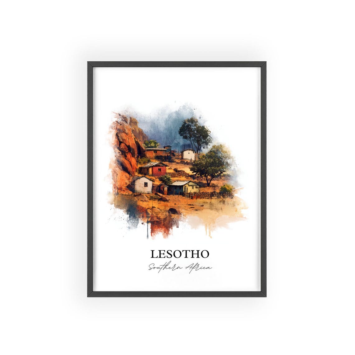 Lesotho Southern Africa Mountain Village Scene Watercolor Poster - Image 3