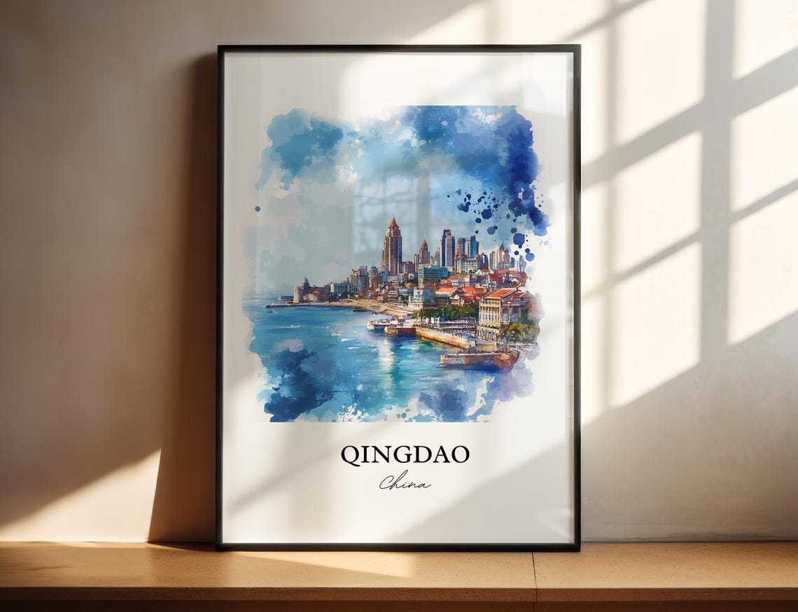 Qingdao China Watercolor Harbor Skyline Blue Sea View Poster