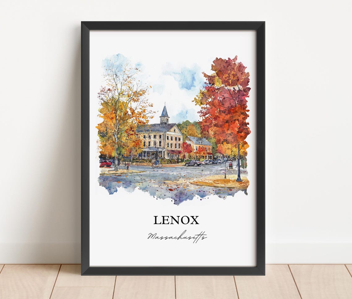 Lenox Massachusetts Watercolor Fall Town Square Scene Poster - Image 5