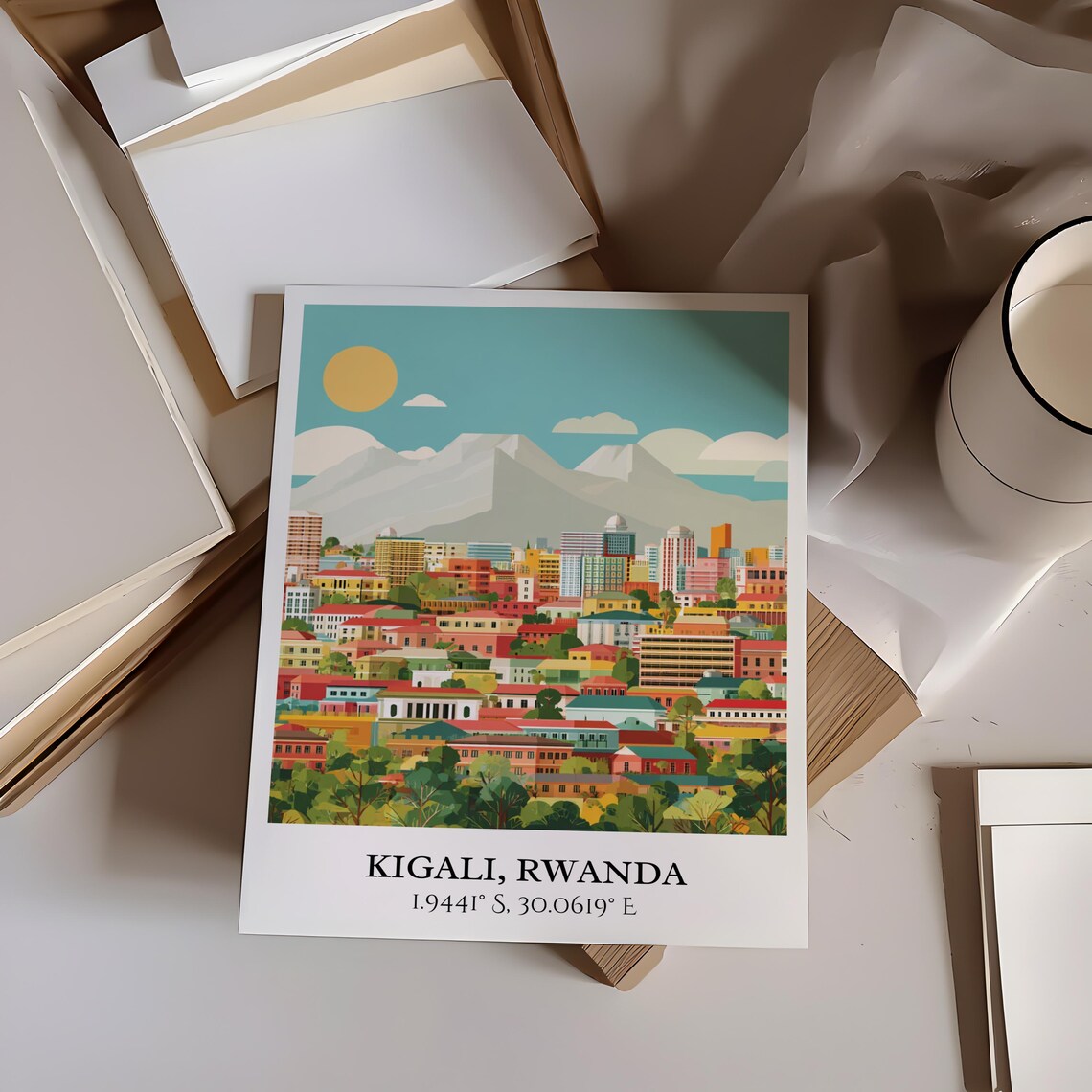 Kigali Rwanda Hillside City Skyline Sunrise Retro Travel Poster - Image 5