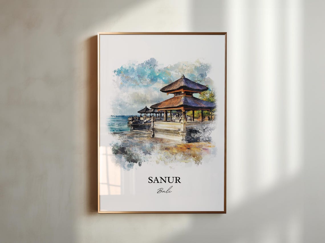 Sanur Bali Watercolor Seaside Temple Calm Ocean Waves Poster - Image 6