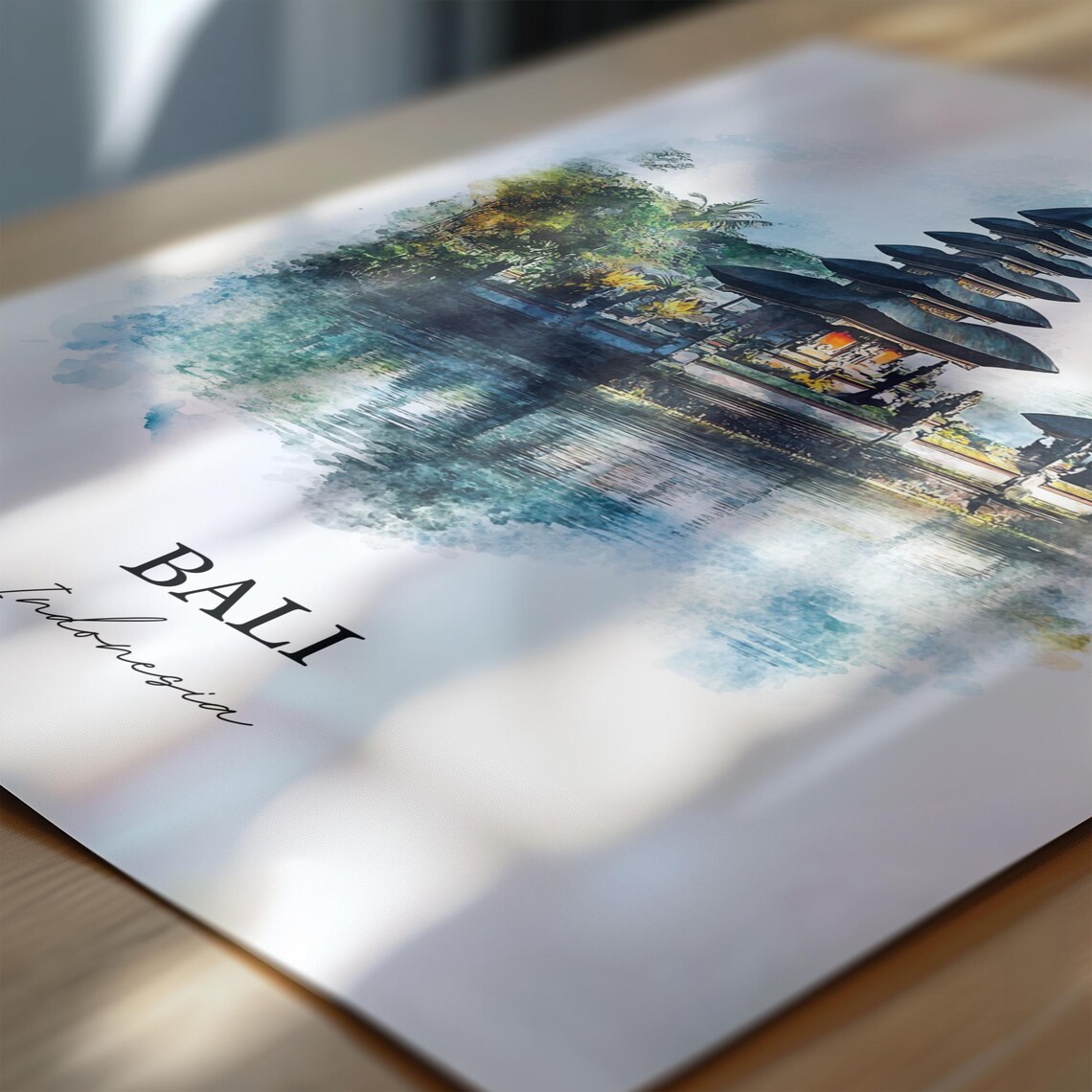 Bali Indonesia Watercolor Lake Temple Serene Island Scene Poster - Image 7