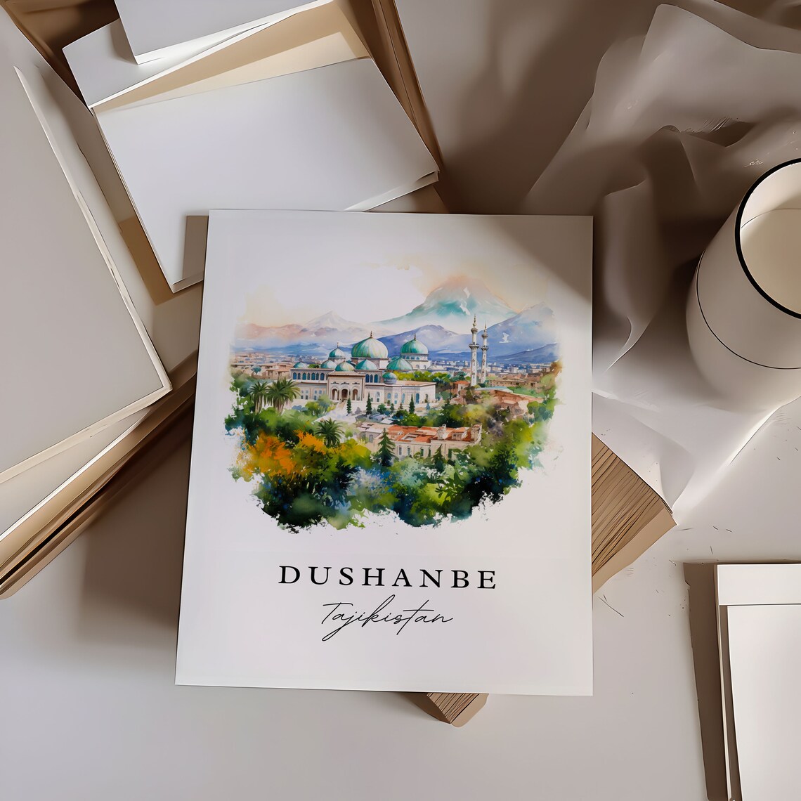 Dushanbe Tajikistan Watercolor Green Domed Mosque Mountain City Travel Poster - Image 7