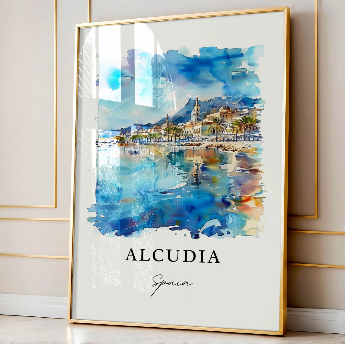 Alcudia Spain Mallorca Coastal Town Watercolor Bay Travel Art Poster - Image 4