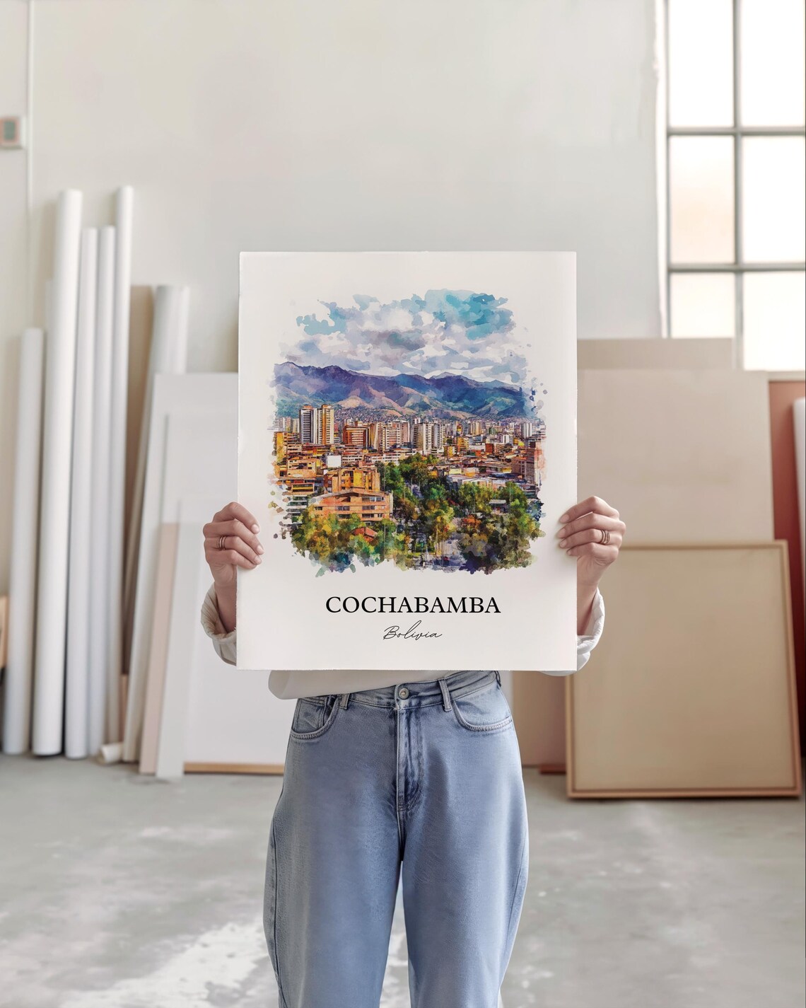 Cochabamba Bolivia Watercolor City Skyline Mountains Travel Poster - Image 2